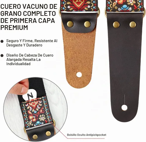 Vista 3 de Nefelibata Correa de guitarra, correas de guitarra de algodón bordadas con extremos de cuero de vaca para bajo, guitarras eléctricas y acústicas