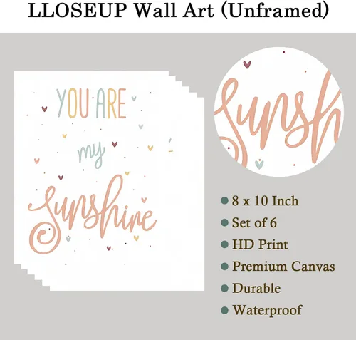 Vista 2 de LLOSEUP Juego de 6 impresiones artísticas de pared boho para cuarto de bebé, diseño de arco iris, corazón, lluvia, eres mi sol, inspirador