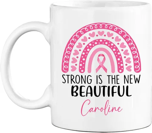 Vista 10 de Taza de café de concientización sobre el cáncer de mama con nombre personalizado, taza de café de 11 onzas, taza de té de cerámica blanca