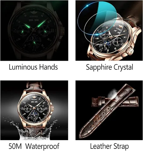 Vista 5 de OLEVS Reloj automático casual para hombre con correa de cuero esfera multicalendario manecillas luminosas resistente al agua fase lunar cristal