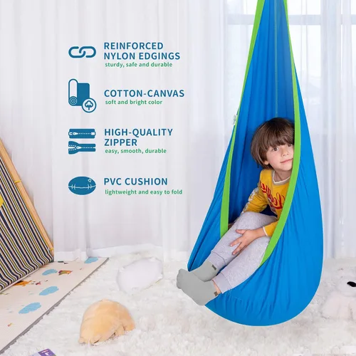 Vista 3 de Hamaca tipo cápsula OUTREE 100% de algodón para niños. Para uso interior y exterior, Azul