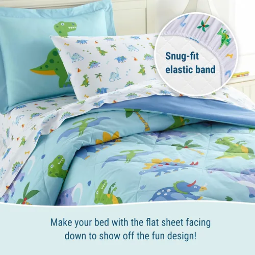 Vista 3 de Wildkin Juego de ropa de cama matrimonial de 7 piezas, edredón, sábanas y fundas de almohada 100% algodón para acurrucarse (tierra de dinosaurios)