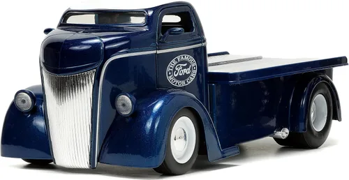 Vista 2 de Jada Toys Just Trucks 1:24 1947 Ford COE - Coche de cama plana fundido a presión color azul oscuro/blanco con estante para neumáticos, juguetes