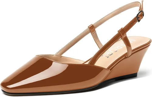 Vista 24 de MERRORI Zapatos de tacón bajo de cuña con hebilla y punta cuadrada para mujer, de patente sólida, de 2 pulgadas Beige