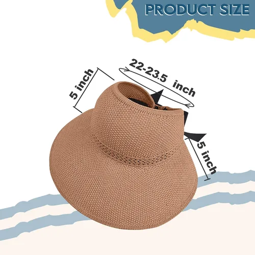 Vista 6 de Visera solar de paja para mujer, ala ancha, protección UPF 50+, sombrero de playa, ajustable, plegable, gorra de cola de caballo con correa