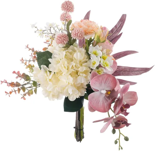 Vista 11 de Arreglos florales artificiales de seda de 17 pulgadas, ramos de flores artificiales que consisten en ranúnculos, crisantemos silvestres, rosas Ámbar