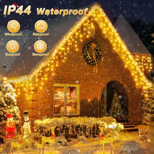 Vista 4 de Luces de carámbano para exteriores, 216 LED de 24 pies, luz de Navidad impermeable para exteriores con 8 modos y temporizador, luces de carámbano