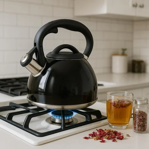 Vista 5 de Creative Home Triumph - Hervidor de té silbante de acero inoxidable, 3.5 cuartos de galón, tetera negra Base encapsulada de triple capa, mango