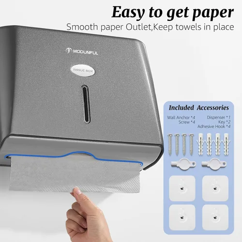 Vista 5 de Modunful Dispensador de toallas de papel montado en la pared, sin contacto, sin taladro, de alta capacidad, plegado en Z, plegable, multipliegue
