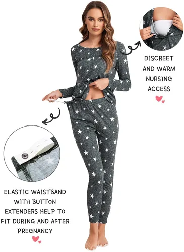 Vista 2 de Ekouaer Ropa interior térmica con botones para mujer, pijama de maternidad con forro polar de microfibra, conjunto de pijamas de invierno largo