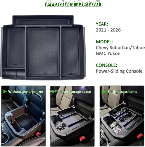Vista 5 de TOPINSTALL Bandeja de Consola Deslizante Eléctrica Compatible con Accesorios Chevy Tahoe/Suburban/GMC Yukon 2021-2026, Organizador de Reposabrazos