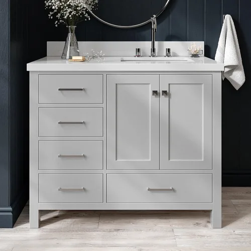Vista 90 de ARIEL Cambridge - Mueble de baño con lavabo de 42 pulgadas, madera maciza, encimera de cuarzo blanco puro de 1.5 pulgadas, fregadero rectangular