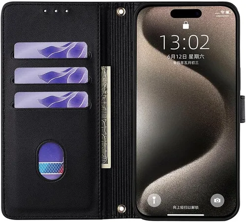Vista 2 de Funda compatible con Itel Vision 1 Pro ranura para tarjeta con soporte abatible con cierre magnético, color negro
