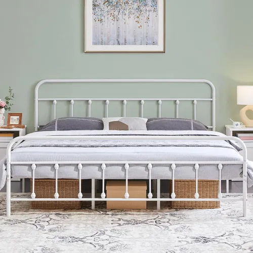 Vista 15 de Yaheetech Base de cama con plataforma de metal, cabecero y estribo Bronce