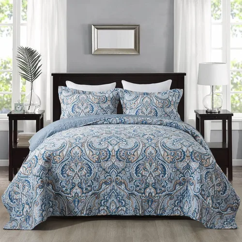 Vista 12 de NEWLAKE - Juego de cubrecama reversible de microfibra bordada con patrón floral en relieve en jacquard beige, tamaño queen
