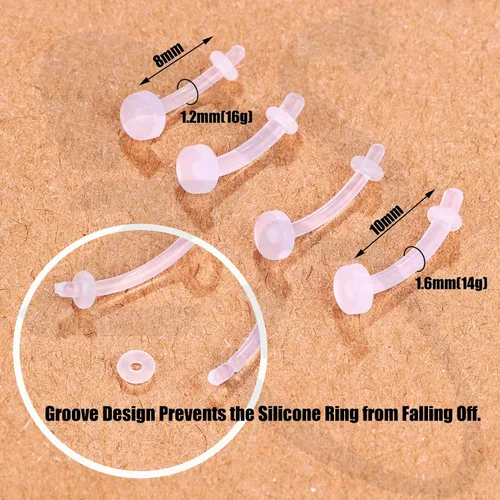 Vista 4 de ZS 4 pares de piercings de cejas transparentes de 16G y 14G, retenedores de plástico para el vientre y labios, aretes de acrílico Bioflex Daith Rook