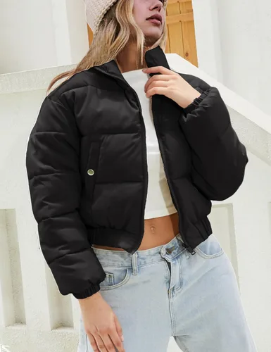 Vista 2 de Hooever Chaqueta corta para mujer, cuello alto, con cremallera completa, abrigo de burbujas