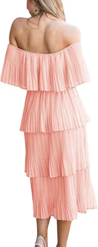 Vista 5 de ETCYY - Vestido largo de gasa para mujer estilo suelto y casual de verano con volantes y hombros descubiertos para fiesta o playa