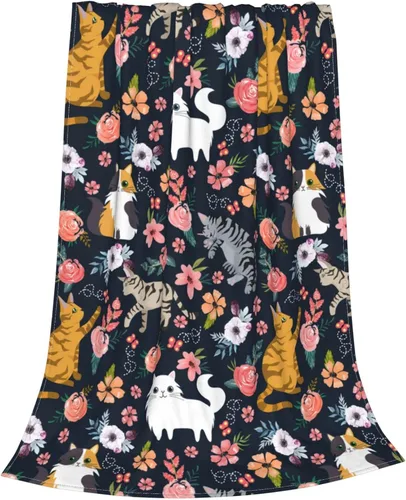 Vista 3 de Manta de flores de gato, suave, cálida, ligera, acogedora manta de felpa para cama, sofá, oficina, decoración de regalos para niños y mujeres, 50 x