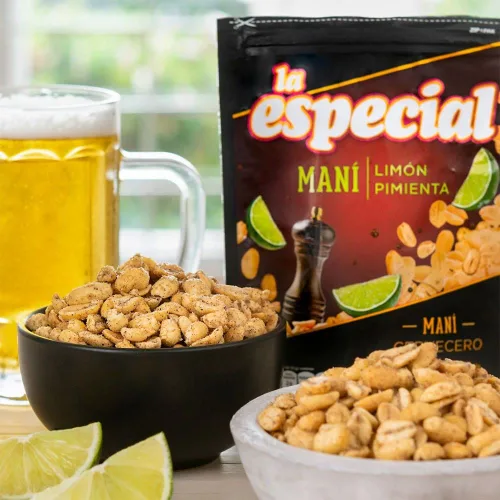 Vista 3 de Macetas tostadas (paquete de 3) Mani La especial Planters de Pimienta Limón Mani la especial Colombia Snack colombiano Mecato Colombiano
