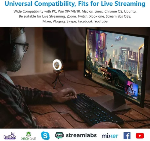 Vista 7 de Cámara web para computadora 1080P con micrófono doble, luz derecha ajustable, cámara web para PC, enfoque automático avanzado con trípode, cámara