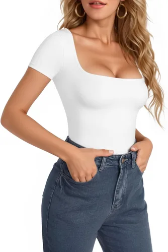 Vista 2 de MANGOPOP - Body de manga corta con cuello cuadrado para mujer
