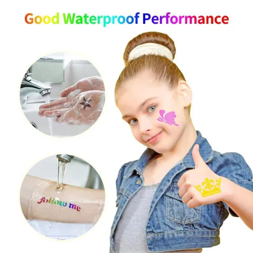 Vista 4 de Kit de tatuajes temporales con purpurina para niños, 24 purpurina corporal, 2 pegamento, 5 pinceles, 187 plantillas, kit de maquillaje de Halloween