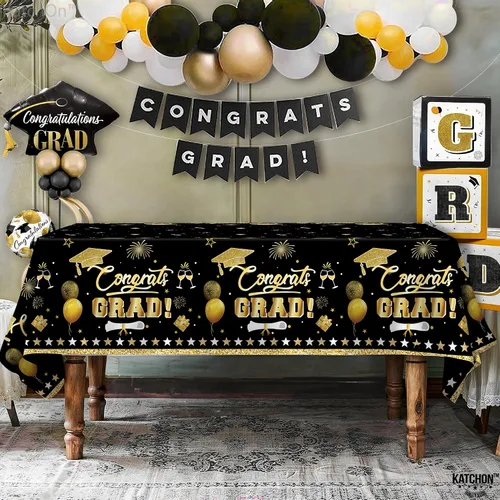 Vista 3 de KatchOn Mantel de graduación extragrande de 54 x 108 pulgadas, paquete de 3, decoraciones de graduación 2026, mantel de graduación negro y dorado