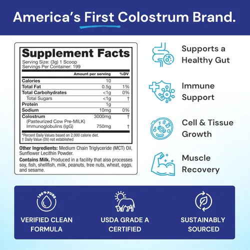 Vista 2 de Symbiotics Colostrum Plus Powder - Soporte de recuperación inmune y muscular, 25% de inmunoglobulinas IgG, resistencia al entrenamiento y salud