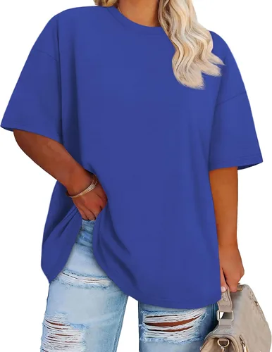 Vista 9 de Blusas de Talla Grande Casuales Camisetas Oversized para Mujeres Ajuste Holgado Cuello Redondo Blusas Camisetas Básicas de Verano Tees