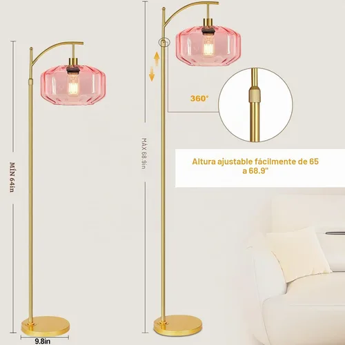 Vista 6 de Lámparas de pie doradas para sala de estar, dormitorio, lámpara de pie de cristal con control remoto y pantalla rosa, lámpara de pie regulable