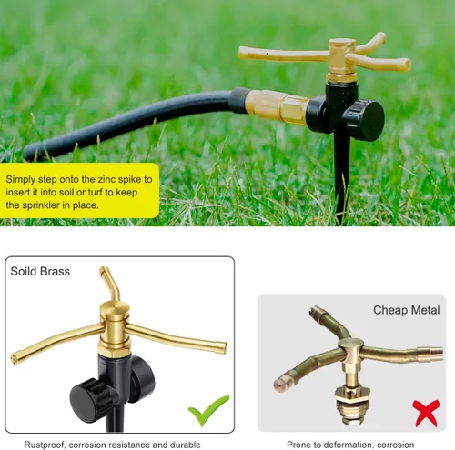 Vista 4 de FANHAO Paquete de 2 aspersores de metal para patio con base de pico, rociador de agua de 3 brazos, sistema de rociadores de jardín rotativos