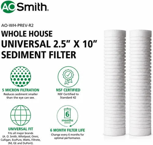 Vista 2 de AO Smith AO-WH-PREV-R2 - Cartucho de repuesto para filtro de agua de sedimentos de 5 micrones, 2.5 x 10 pulgadas, paquete de 2, para sistemas
