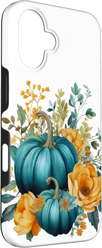 Vista 3 de iPhone 16 Teal Autumn Pumpkin Floral Fall Harvest Foliage Case