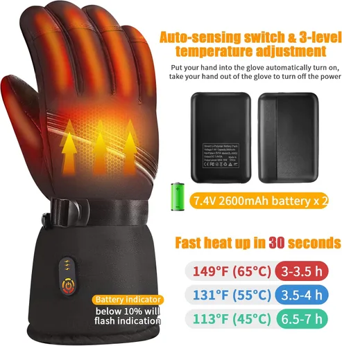 Vista 2 de Orznez Guantes calefactables, guantes de invierno para hombres y mujeres con 2 baterías de 2600 mAh, guantes térmicos impermeables para clima frío