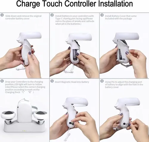 Vista 5 de Soporte de base de carga para Oculus Quest 2 con 2 baterías recargables cable de carga USB-C 4 cabezales de conector magnéticos 2 cubiertas