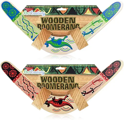 Vista 7 de ArtCreativity Boomerang de madera, juego de 2, boomerang clásico de retorno para niños con obras de arte coloridas, boomerangs para adultos