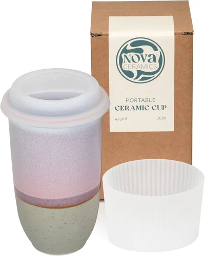 Vista 32 de NOVA CERAMICS Taza de viaje – Taza de viaje de cerámica con tapa – Taza de café de viaje única para llevar – Vaso de café apto para microondas
