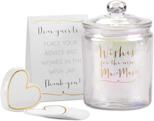 Vista 2 de Kate Aspen Tarro iridiscente de deseos de boda con 100 tarjetas en forma de corazón, libro de invitados, decoraciones de despedida de soltera