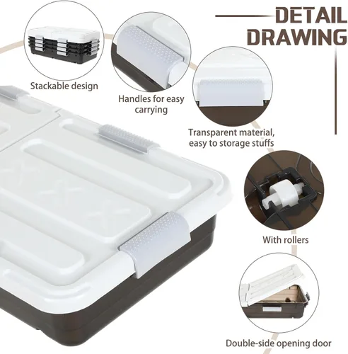 Vista 3 de Beeveer Contenedor de plástico para guardar debajo de la cama, 4 unidades, con tapa de doble apertura, asa de rueda, transparente, de gran Marrón