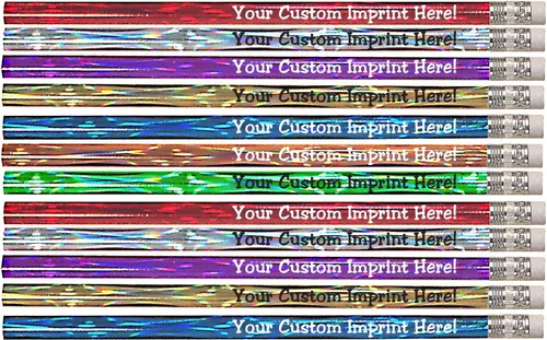 Vista 4 de Express Pencils™ Lápices personalizados – Redondo – Tema láser – Impreso personalizado con tu mensaje, texto o logotipo, paquete de 12 – plateado