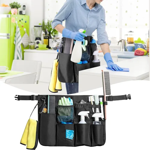 Vista 6 de LoDrid Delantal de limpieza para limpieza con 9 bolsillos, bolsa de limpieza con cinturón ajustable, delantal de suministros de limpieza profesional