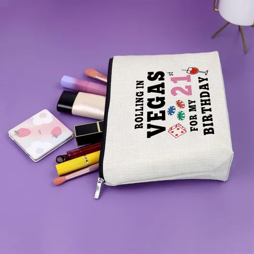 Vista 5 de Sazuwu Bolsa de maquillaje para regalos de cumpleaños número 21 para mujer, Rolling in Vegas para mi cumpleaños número 21