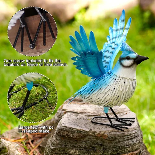 Vista 5 de Nacome Blue Jay Garden Decor Metal Yard: esculturas resistentes a la intemperie con estacas, adornos fáciles de montar para interiores y exteriores