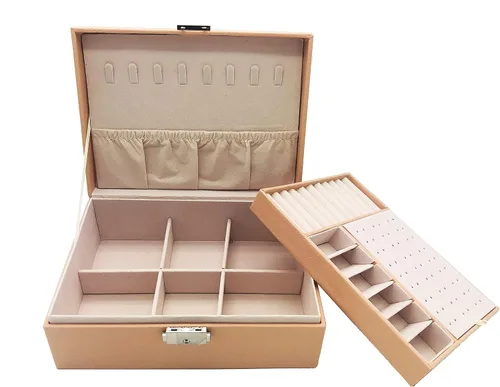 Vista 3 de PACEKONER Joyero organizador, caja de almacenamiento de joyería de 2 capas con cerradura y llave, estuche de joyería para mujeres y niñas (rosa)