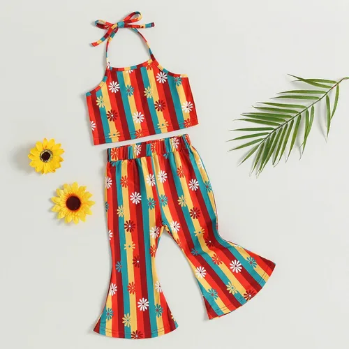 Vista 2 de TheFound Traje de verano para bebé niña pequeña, parte superior con cuello halter, pantalones acampanados, 2 piezas, ropa para recién nacidos