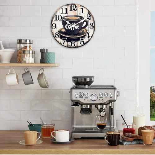 Vista 3 de Reloj de pared vintage con letrero de café para cocina, estilo rústico, funciona con pilas, para cocina/cafetería/comedor/hogar (12 pulgadas)
