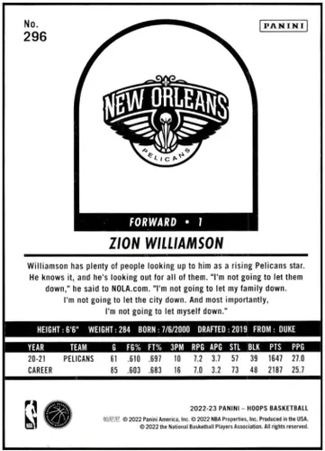 Vista 2 de Zion Williamson 2022-23 Panini NBA Hoops #296 NM+-MT+ NBA Pelícanos de baloncesto