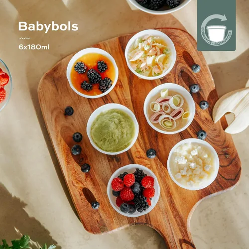 Vista 2 de Babymoov Tarros de comida ecológicos para bebés, juego de 6 (6 onzas cada uno), recipientes de almacenamiento sin BPA, hechos de caña de azúcar