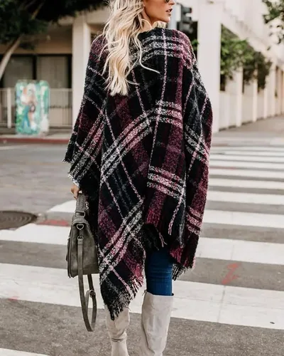 Vista 3 de Bestshe - Elegante poncho con parte delantera abierta para mujer, diseño de bloques de color, chal de punto de gran tamaño para mujer